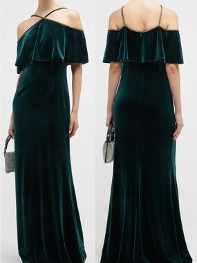 Aidan Mattox Deep Teal Velvet Off-Shoulder Maxi Dress